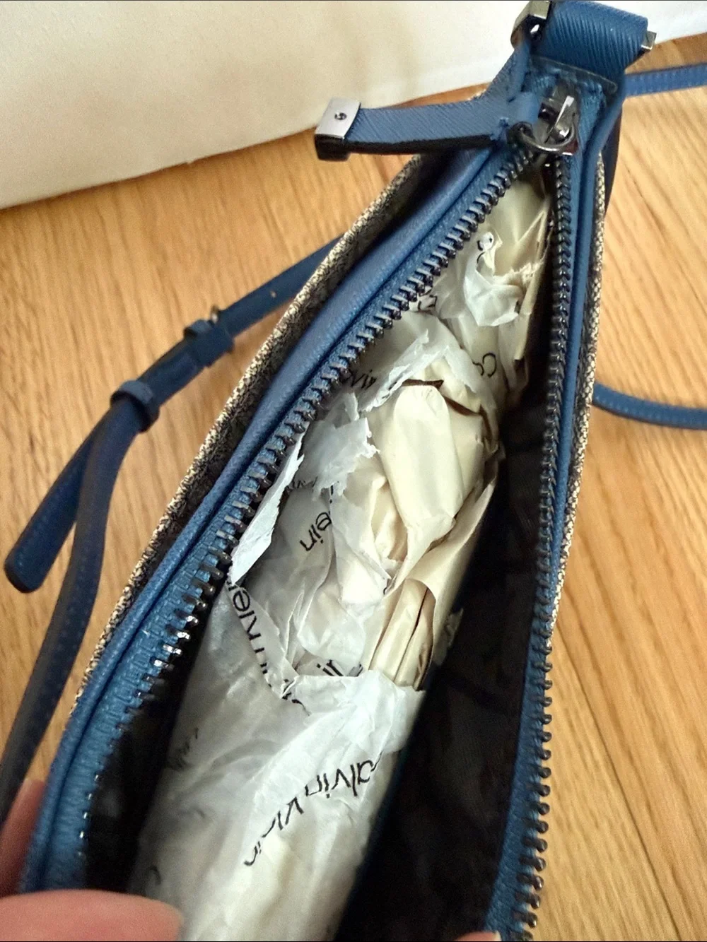 Calvin Klein Beige Monogram Crossbody with Blue Trim